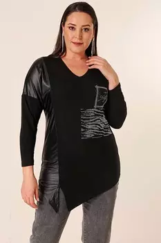 Кожаная юбка с V-образным вырезом и каменным принтом Асимметричная клубничная блузка больших размеров