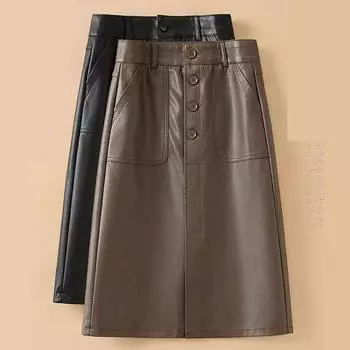 Кожаная юбка-юбка женская осенне-зимняя с высокой талией для похудения, юбка из искусственной кожи средней длины выше колена XXXXXL чёрный