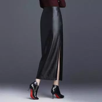 Кожаная юбка весна и осень женская юбка женская высокого класса средняя и длинная юбка a-word юбка женская вертикальная юбка бедра дети M (recommended weight 96-52 kg) чёрный