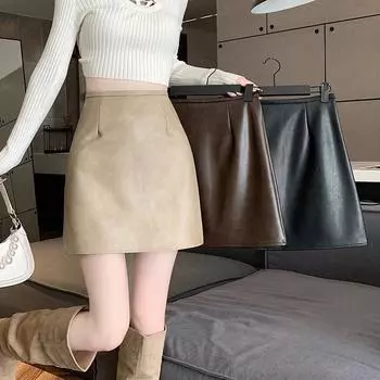 Кожаная юбка женская осень и зима новая черная юбка pu маленькая кожаная юбка утягивающая юбка a-word короткая юбка с запахом на бедрах S чёрный