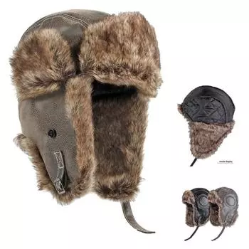 Кожаная ушанка-авиатор-пилот - зимняя русская лыжная меховая кепка летчика военной армии чёрный