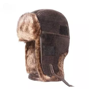 Кожаная утолщенная шапка Thunderbolt, мужская зимняя теплая защитная шапка пилота, шапка Amazon Wind and Snow L(56cm) чёрный