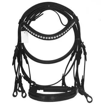 Кожаная уздечка Weymouth, белая кристальная лента для бровей, двойные кожаные поводья для лошади. Extra(Extra Large) чёрный