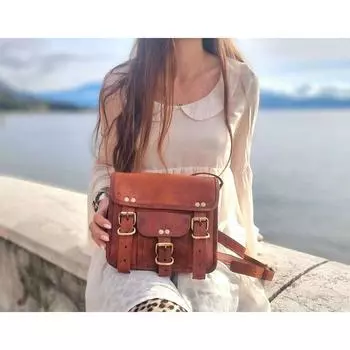 Кожаная Винтажная Коричневая Сумка Через Плечо Портфель Ручной Работы 7 x 9 in коричневый