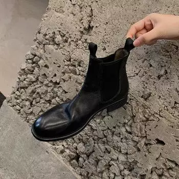 Кожаная версия~ Кожаные круглые британские ретро плиссированные ботинки челси женские ботинки-сигареты на толстом каблуке детские короткие ботинки 35