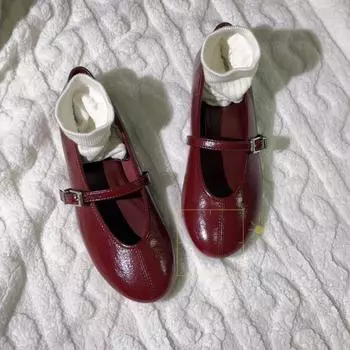 Кожаная версия за ретро круглый носок маленькие красные туфли женские балетки на плоской подошве универсальные туфли Мэри Джейн с мелким вырезом женские туфли-лодочки 35