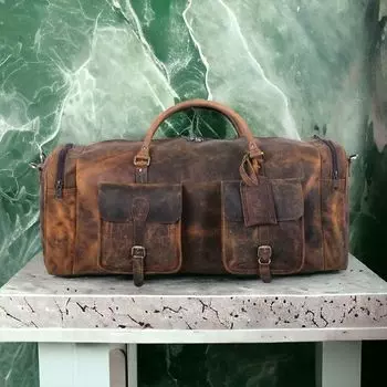 Кожаная вещевая сумка ручной работы из натуральной кожи для мужчин Weekender для путешествий на ночь, большая 24 x 10 x 9 in коричневый