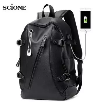 Кожаная водонепроницаемая большая сумка для ноутбука USB с отверстием для наушников, дорожная школьная сумка Mochila Masculina чёрный