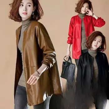 Кожаная женская кожаная куртка, ветровка, кожаная куртка, тонкая, большого размера, средней длины 7XL чёрный