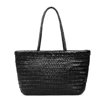 Кожаная женская сумка, большая вместительная сумка из коровьей кожи, сумка на подмышку, универсальная тканая сумка, модная сумка через плечо, тканая сумка-тоут 32x10x23 чёрный