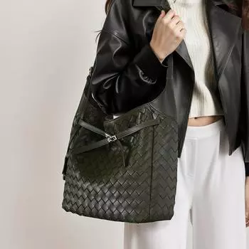 Кожаная женская сумка, плетеная вручную, большая вместительная сумка через плечо, сумка для поездок на работу, повседневная женская сумка с сумкой через плечо чёрный