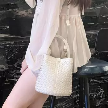 Кожаная женская сумка, сумка ручной работы, универсальная однотонная сумка-ведро, женская повседневная сумка через плечо на одно плечо 17x17x21cm