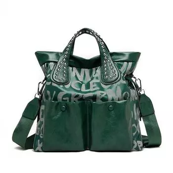 Кожаная женская сумка, высококачественная кожаная женская сумка через плечо с фирменным принтом и заклепками, большая вместимость