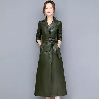 Кожаная женская ветровка средней длины выше колена из искусственной кожи, осенне-зимнее пальто, пальто больших размеров XS темно-зеленого