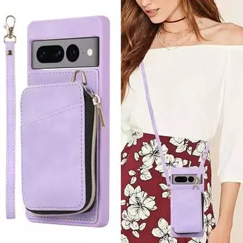 Кожаное ожерелье через плечо, ремешок на молнии, кошелек для карт, чехол для телефона для Google Pixel 7 Pro 7A 6A, кошелек, сумка для телефона, ремешок на руку For Pixel 6A фиолетовый