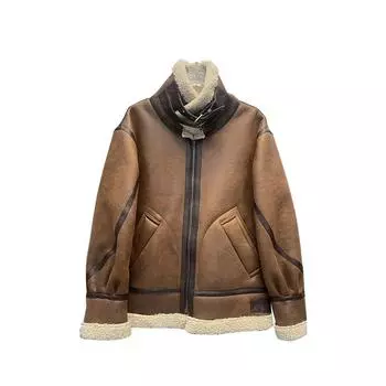 Кожаное пальто из овечьей шерсти, женская зимняя куртка свободного покроя с воротником-стойкой, плюс бархат и утеплитель S коричневый