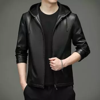 Кожаное пальто, мужское пальто из натуральной кожи, осенне-зимнее пальто с капюшоном, корейская версия, мотоциклетная красивая модная повседневная плюшевая куртка из овечьей кожи M