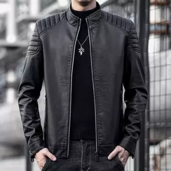 Кожаное пальто мужское весна и осень новая мужская одежда корейская уличная приталенная мужская байкерская кожаная куртка для мотоциклистов M чёрный