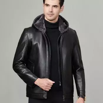 Кожаное пальто осень-зима для папы среднего возраста, мужская меховая цельная куртка с капюшоном, на молнии, повседневная куртка из овчины 170