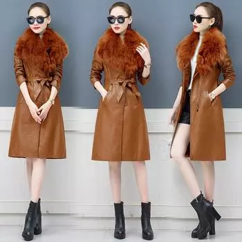 Кожаное пальто с большим меховым воротником, зимнее кожаное пальто для женщин, среднее и длинное, 2024, новое, облегающее и с тонкой талией 4XL чёрный