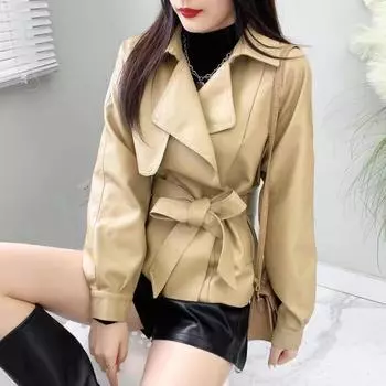 Кожаное пальто женская осенняя одежда новый костюм воротник двубортный классический талия темперамент высококачественный короткий кожаный ветровка тренд M