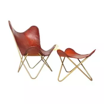 Кожаное расслабляющее кресло-бабочка для дома и офиса с оттоманкой (Подставка для ног) коричневый