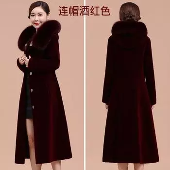 Кожаное женское пальто 2024 года, новинка зимы, воротник из искусственного меха лисы, зернистая стрижка овец, пальто с интегрированным мехом, длинное M 100-54.5 kg