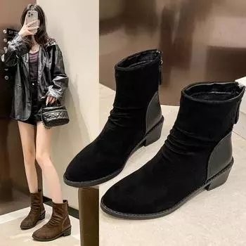 Кожаные элегантные высокие каблуки с квадратным носком, зимние современные ботинки на молнии, лаконичные роскошные классические ботинки на подиуме Ins 36