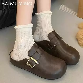 Кожаные балетки женские тапочки дизайнерские хлопковые мюли с пряжкой короткие плюшевые зимние сапоги 2025 тренд теплые домашние женские туфли 35 коричневый
