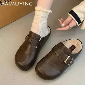 Кожаные балетки женские тапочки дизайнерские хлопковые мюли с пряжкой короткие плюшевые зимние сапоги 2025 тренд теплые домашние женские туфли 35 коричневый