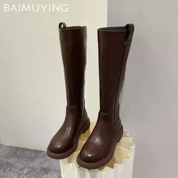 Кожаные балетки женские высокие сапоги дизайнерские ретро-ботинки до колена новый бренд 2025 года тренд готические гладиаторы зимние мотоциклетные ботинки женские 35 чёрный