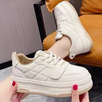 Кожаные белые туфли, женская обувь, весна и лето, новые туфли на толстой подошве, увеличивающие рост, универсальная повседневная спортивная обувь для женщин 35