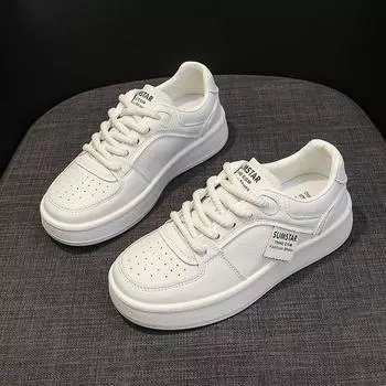 Кожаные белые туфли женские 2024 осень новые универсальные повседневные дышащие спортивные туфли студенческие туфли на плоской подошве 35