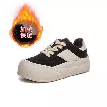 Кожаные белые туфли женские 2025 зимние новые туфли с большой головкой женские бархатные туфли на плоской подошве повседневные туфли женские универсальные женские туфли 35