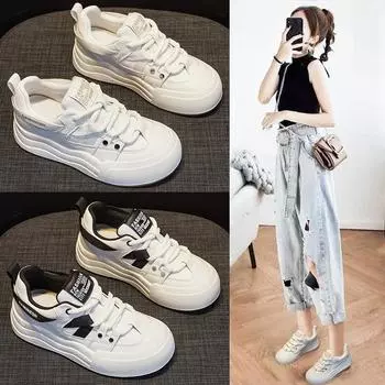 Кожаные белые туфли женские модные новые весенние супер горячие универсальные кроссовки на толстой платформе 34