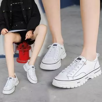 Кожаные белые туфли женские новые кожаные универсальные туфли на толстой платформе осенние студенческие туфли на плоской подошве для скейтборда 35 белый