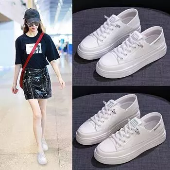 Кожаные белые туфли женские туфли весна новые универсальные повседневные кроссовки на плоской подошве с двумя носками ленивые женские одинарные туфли 35 бежевый