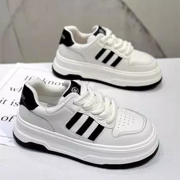 Кожаные белые туфли женские весна 2024 года новые корейские универсальные туфли с круглым носком на шнуровке на толстой подошве легкие повседневные спортивные туфли 35 белый