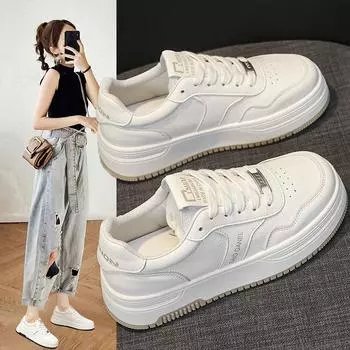 Кожаные белые туфли женские весна и осень новые универсальные туфли на толстой подошве увеличивающие рост повседневные кроссовки женские 35