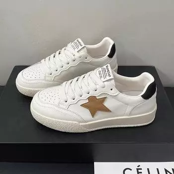 Кожаные белые туфли женские весна-лето 2025 новые повседневные туфли на плоской подошве универсальные спортивные туфли на мягкой подошве туфли Star Board 35