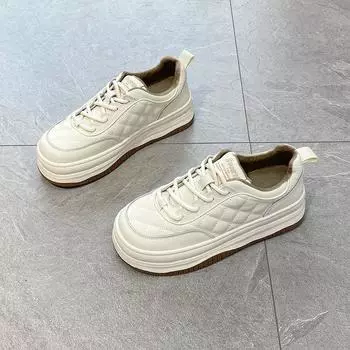 Кожаные белые туфли женские зимние новые на толстой подошве ромбовидные плюс бархатные повседневные универсальные туфли для макетов 35