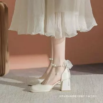 Кожаные босоножки Baotou на грубом каблуке Mary Jane, женские, весна-лето 2024 г., полые, феерический стиль, французский жемчуг, высокие каблуки, одинарные туфли 35 абрикосовый