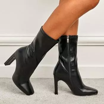 Кожаные Ботильоны Женские Ботильоны Средней Длины Квадратный Носок Длинная Боковая Молния Большой Размер Ботильоны на Высоком Каблуке 35 чёрный