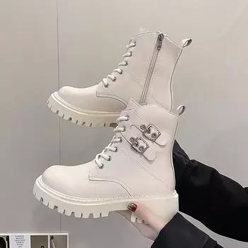 Кожаные ботильоны, женские мотоциклетные ботильоны на платформе, женская осенне-зимняя обувь, женские короткие сапоги в готическом стиле 35 чёрный