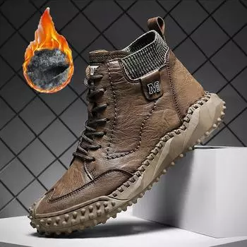 Кожаные ботинки для мужчин Модные мужские ботинки Хлопковые кроссовки Спортивная обувь Ретро обувь на шнуровке Мужские нескользящие ботинки для инструментов Тренд Zapatillas Hombre 38 чёрный