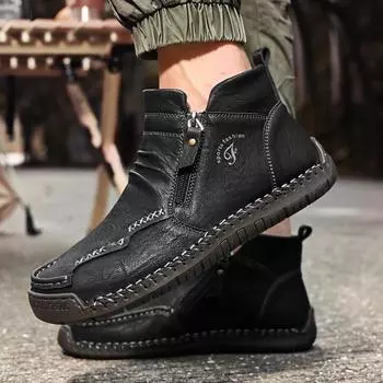 Кожаные ботинки для мужчин на осень и зиму, новые высокие плюшевые зимние ботинки большого размера, боковая молния в британском стиле, противоскользящие 38