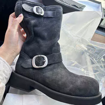 Кожаные ботинки Martin с круглой подошвой на платформе, ковбойские сапоги в стиле вестерн, женские универсальные ботинки с пряжкой на ремне, средние ботинки, короткие ботинки Tide 35 хаки