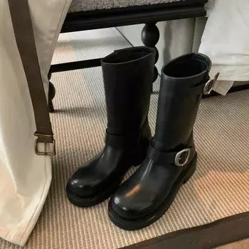 Кожаные ботинки Martin с пряжкой на толстой подошве, женские высокие рыцарские сапоги средней высоты, ковбойские сапоги в стиле вестерн 35