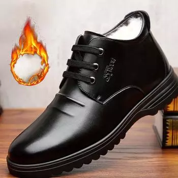 Кожаные ботинки Мужские ботинки Зимние бархатные теплые хлопковые туфли Повседневная обувь Зимние нескользящие туфли для папы с мягкой подошвой 39 чёрный