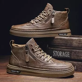 Кожаные ботинки мужские весенние высокие повседневные туфли для мужчин трендовые туфли на молнии для ходьбы на плоской подошве зимняя обувь вулканизированные ботильоны новейшие запатиллы 41 коричневый